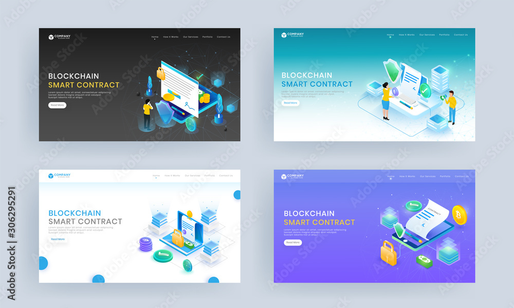 Set of landing page design with online contracts from smartphone and ...
