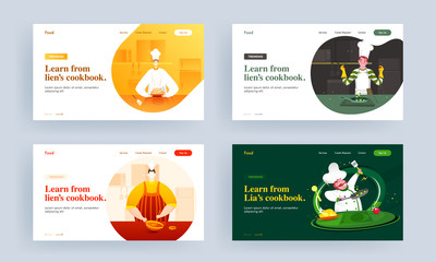 Wall Mural - learn from lien's cookbook landing page design with chef character cooking on kitchen view in four o