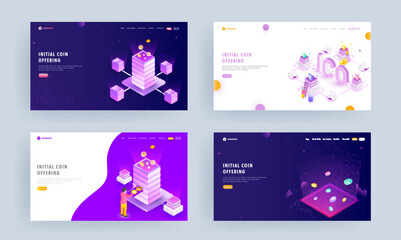 Canvas Print - Set of landing page or hero shot with 3d servers of crypto currency and laptop connected for Initial Coin Offering concept.