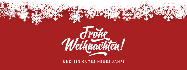 Poster - Frohe Weihnachten - Merry Christmas in German language red flat background template with snowflakes, and calligraphy