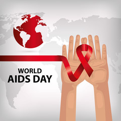 Sticker - poster of world aids day with hands and ribbon vector illustration design