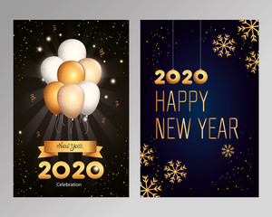 Sticker - set of posters happy new year with decoration vector illustration design