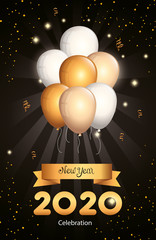 Canvas Print - poster of happy new year 2020 with balloons helium vector illustration design