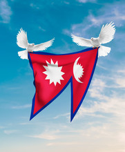 Nepal Flag Carried By White Pigeon With Sky Background