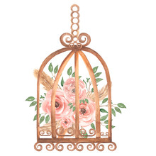 Hand Painted Watercolor Rusty Vintage Bird Cage With Dirty Pink Roses Flowers And Green Leaves Branch. Provence Style Illustration. Weeding Card Invitation.