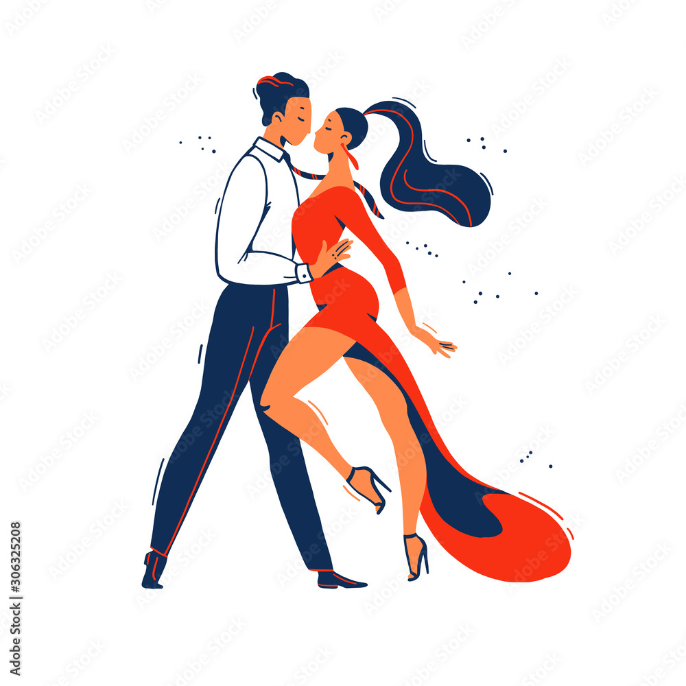 Man and woman tango dancers from side view standing together isolated on white background. Flat cartoon style. Dancing couple characters, dance passion concept. Vector illustration. - obrazy, fototapety, plakaty 