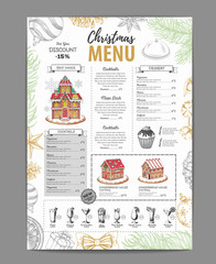 Wall Mural - Christmas menu design with sweet gingerbread house, cupcakes and cocktails