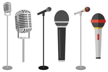 three microphones on counter. microphone with stand vector on white background. set of microphones o
