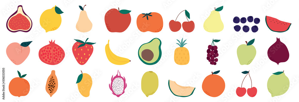 Set of colorful fruit icons ,banana, apple, pear, strawberry, orange, peach, plum, watermelon, pineapple, papaya, grapes, cherry, lemon, mango. Vector illustration, isolated on white. - obrazy, fototapety, plakaty 