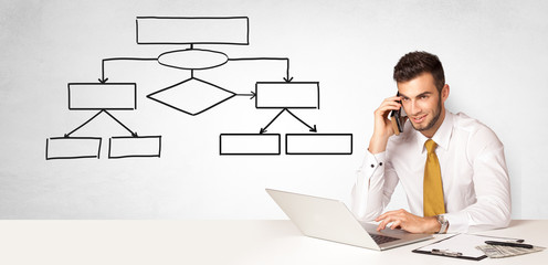 Wall Mural - Businessman sitting at desk and presenting organizational chart