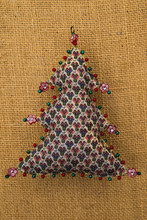 Handmade Green Pattern  Textile Cotton Fabric Naive Retro Style Christmas Tree Ornament Decorated With Beads On Burlap Background