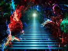 Luminous Aerial Staircase Through The Fourth Dimension. Magical Dream. Alice's Path Through The Rabbit Hole.