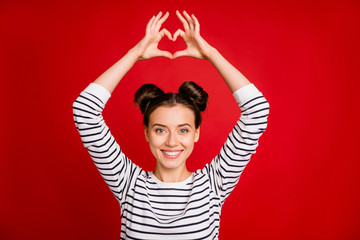 Sticker - Portrait of positive cheerful girl make heart fingers show her love to charming boyfriend wear stylish white sweater isolated over bright color background