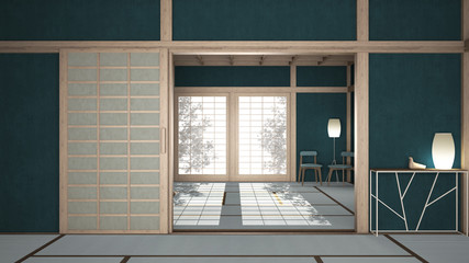 Empty open space, mats, tatami and futon floor, blue plaster walls, wooden roof, chinese paper doors, chairs with lamps, lounge room, window with zen garden shadows, meditation room