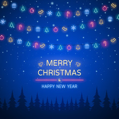 Wall Mural - Neon light of Merry Christmas and happy new year with hanging ornaments in night sky background