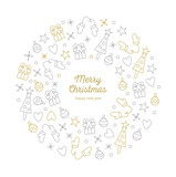 Fototapeta Młodzieżowe - Christmas greeting card with wreath ornaments. Vector. Christmas icon elements. Golden and silver circle on white background. Vector illustration. Isolated elemets. Happy new year.  Greeting. Luxury.