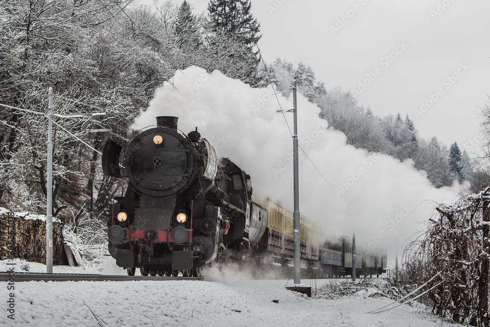 Christmas steam train on a gray winter day rushing towards camera and letting off steam - obrazy, fototapety, plakaty 