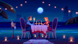 Couple at night beach romantic date dinner, man holding woman hand sitting at served table on seaside under full moon in sky drinking champagne, glow candles, flower petals Cartoon vector illustration