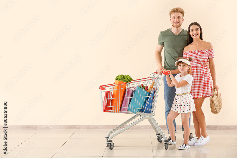 Family with shopping cart near light wall