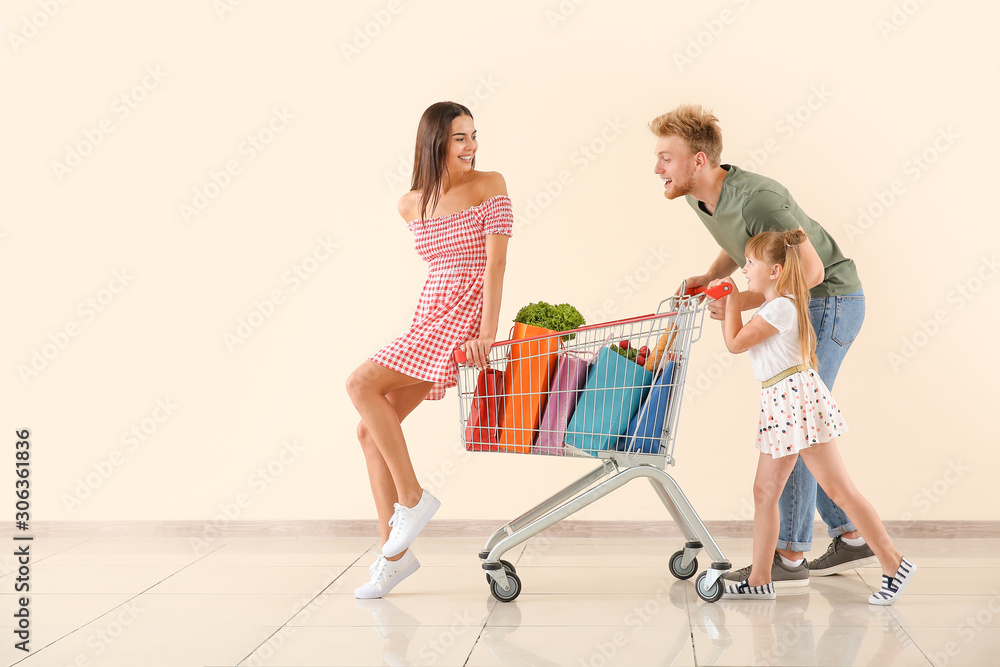 Family with shopping cart near light wall