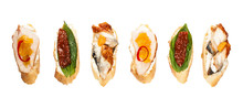 Mini Sandwich Tapas Set With Tomateos And Fish Isolated On White Background.