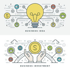 Flat Outline Business Idea and Investment vector illustration.