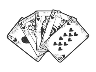 Poker Royal flush winning combination of cards sketch engraving vector illustration. T-shirt apparel print design. Scratch board style imitation. Black and white hand drawn image.