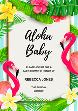 Pink Flamingo With Jungle Leaves, Flowers, Tropical Party Invitation. Place For Text. Great For Flyer, Baby Shower Invitation, Wedding, Poster.