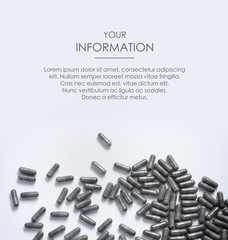 Wall Mural - Pills spilled out of a glass jar. Medical conception. First Aid Kit. Web article template. Long header banner format. Sale coupon. Visit card. Your information. Text space.