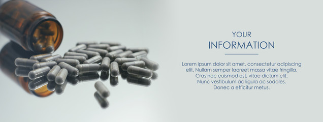 Wall Mural - Pills spilled out of a glass jar. Medical conception. First Aid Kit. Web article template. Long header banner format. Sale coupon. Visit card. Your information. Text space.