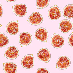 Wall Mural - Slices of figs on a pastel pink background. Vegetarian concept. Creative image, minimalism, top view, flat lay, pattern. Tasty and healthy food. Seamless pattern.