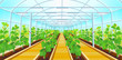  A large greenhouse with rows of cucumbers.Vector illustration.