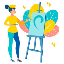 The Girl, The Artist Paints A Picture. Art Scene. In Minimalist Style Cartoon Flat Raster