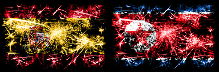 Spanish vs North Korea, Korean New Year celebration sparkling fireworks flags concept background. Combination of two abstract states flags.