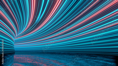 Fotomural 3D Rendering of curved tunnel with led glowing lights on ceiling and reflection from puddle on wet dark street surface