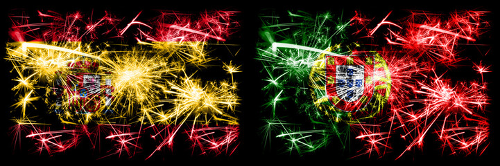 Spanish vs Portugal, Portuguese New Year celebration sparkling fireworks flags concept background. Combination of two abstract states flags.