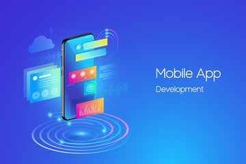 Mobile applications development concept. Isometric smartphone with futuristic UI and layers of applications and concept of web design illustration template