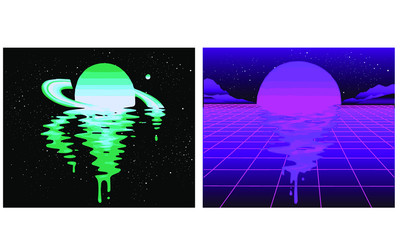 Wall Mural - Retro 80s wave space, 1980s retro futuristic style background, digital landscape in the cyber world. For use as a cover for a music album. Suitable for any 80s style print design.