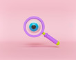 cartoon style eye and magnifying glass isolated on pink background. 3d rendering