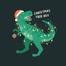 Tyrannosaurus Christmas Tree Rex Card. Dinosaur In Santa Hat Decorates Christmas Tree Garland Lights. Vector Illustration Of Funny Character In Cartoon Flat Style.