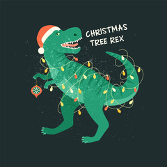 Tyrannosaurus Christmas Tree Rex Card. Dinosaur in Santa hat decorates Christmas tree garland lights. Vector illustration of funny character in cartoon flat style.