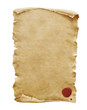 Red wax seal on old paper manuscript or papyrus scroll vertically oriented isolated on white background.