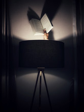 A Mysterious Hand Holding A Book Behind The Black Lamp.