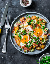 Potatoes, Bacon, Eggs Breakfast Baked Hash On A Dark Background, Top View. Delicious Breakfast, Snack, Brunch