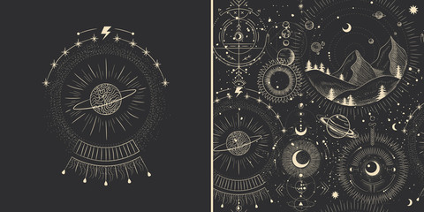 Wall Mural - vector illustration set of moon phases. different stages of moonlight activity in vintage engraving 