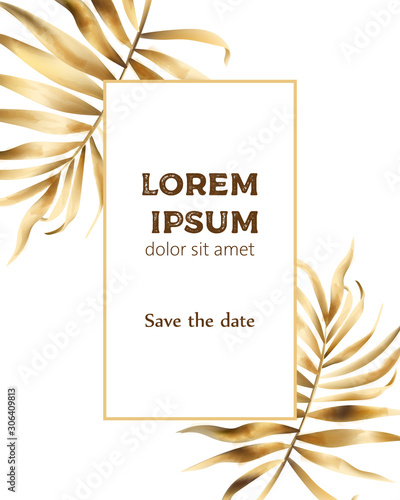 Invitation card composition with golden leaves and frame for text. Vector