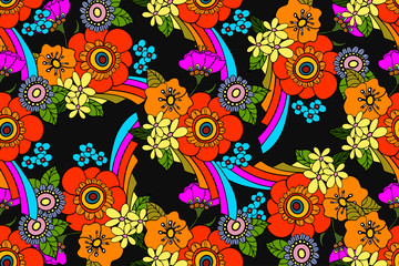 seamless pattern with bright flowers in the style of the 70s