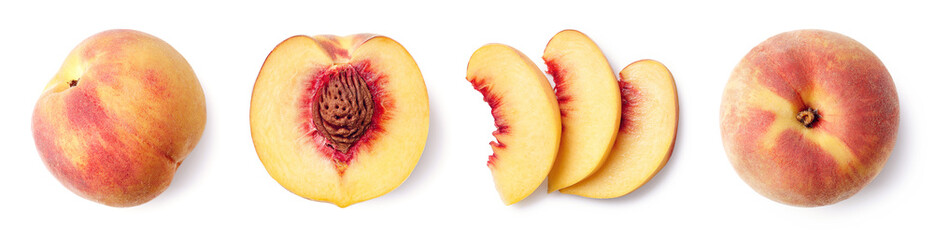 fresh ripe whole, half and sliced peach