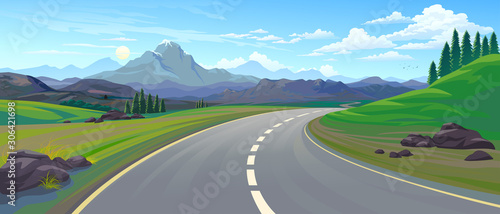 Fotografía Perspective of a driving on a highway across the mountain landscape