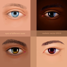 Vector Set Of Human Eyes. Facial Collection About A View Of The Different Races. European, African, Hispanic And Asian Types Of Eye Shape And Color. White, Black, Tan And Yellowish Colors Of A Skin